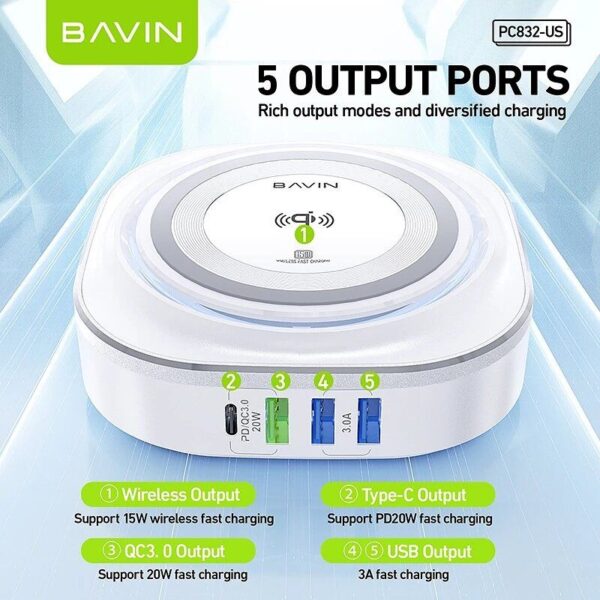 BAVIN PC832 45W 5-in-1 Multi-Functional Qi Wireless Fast Charging and PD Fast Charging 20W and QC3.0 USB Port Charger - Image 4